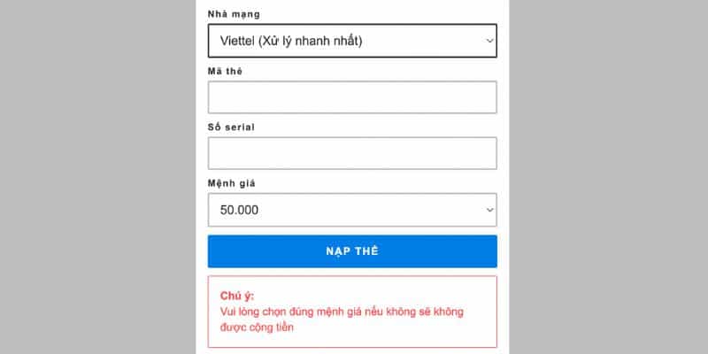 Người chơi cần trả 10% phí khi nạp tiền 33WIN bằng thẻ cào